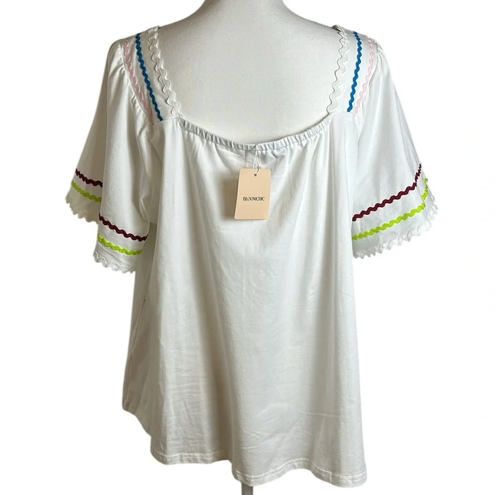 NWT Bloomchic Size 14 16 White Peasant Boho Square Neck Top With Rick Rack Trim